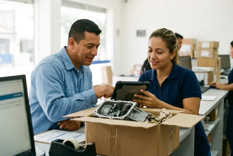 Cliente empresarial revisa con la asesora los documentos de envío de un repuesto