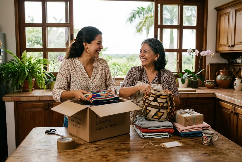 Madre e hija empacan ropa y regalos en una caja para enviar a su familia en el exterior